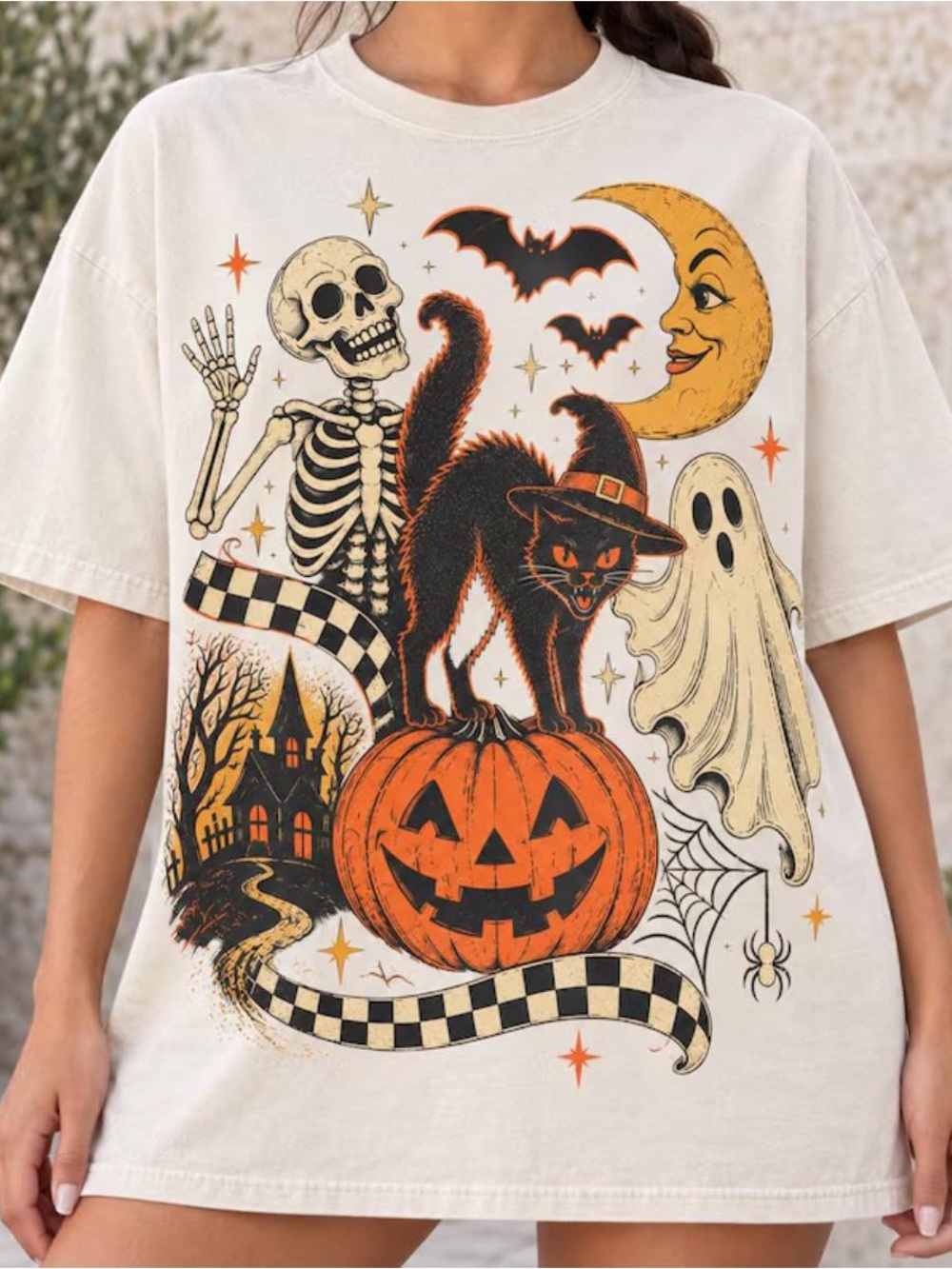 Retro Halloween T-Shirt with Black Cat & Pumpkin Print